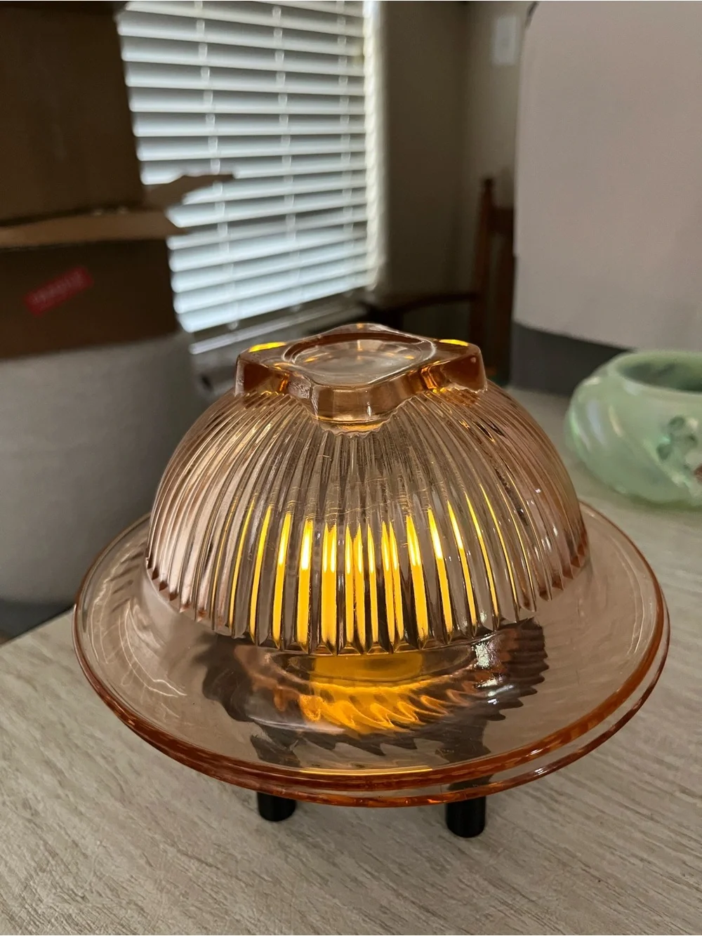 Vintage Pink Depression Glass Ribbed Bowl & Plate Fairy Lamp